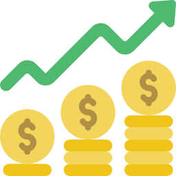 Green upward arrow with dollar symbols stacked as coins, representing financial growth and business success.