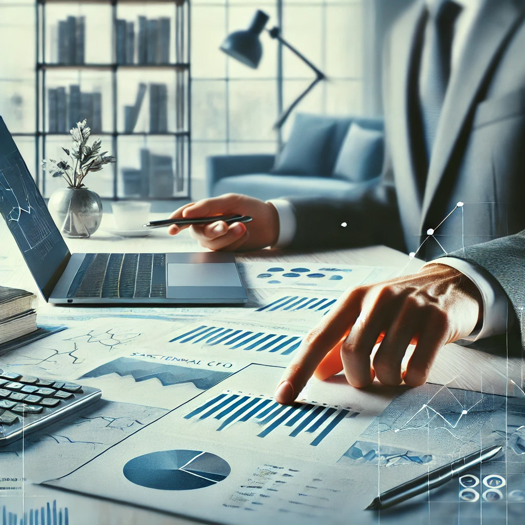 A professional setting with a person analyzing financial documents and charts, representing strategic financial planning by a Fractional CFO.