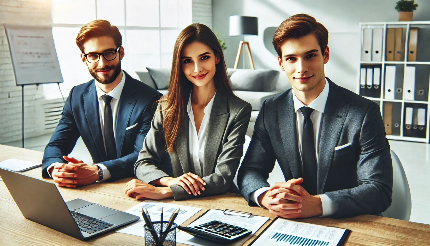 Three accountants in business suits seated around a conference table in a professional office setting, looking towards the camera. This image represents a collaborative and professional environment in accounting and finance.
