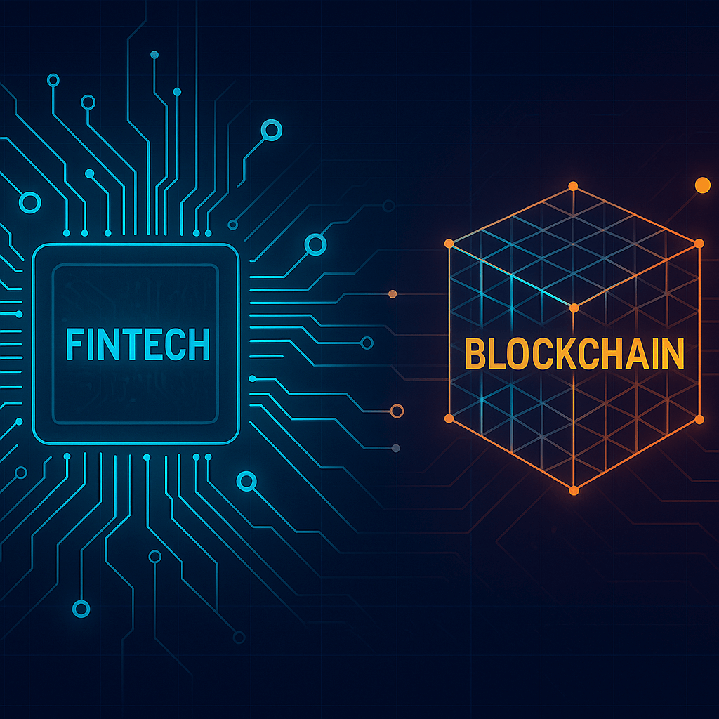 High tech illustration showing fintech circuits and blockchain cube network representing digital assets, crypto accounting, and fintech financial systems.