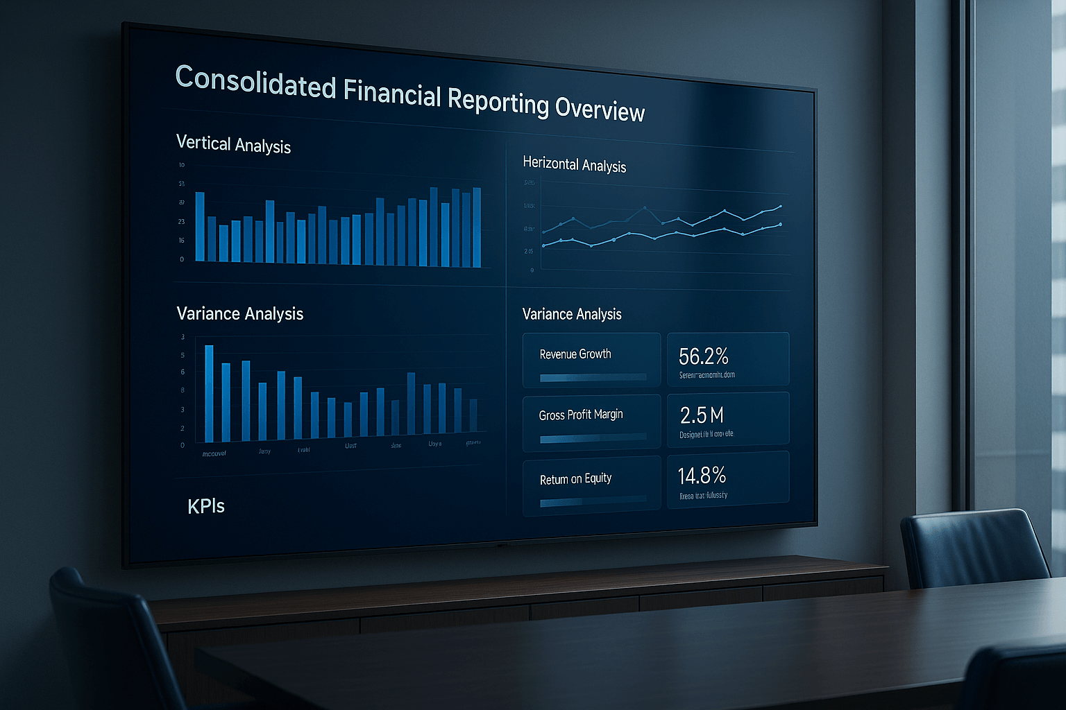 Digital financial reporting dashboard displaying charts and performance metrics.