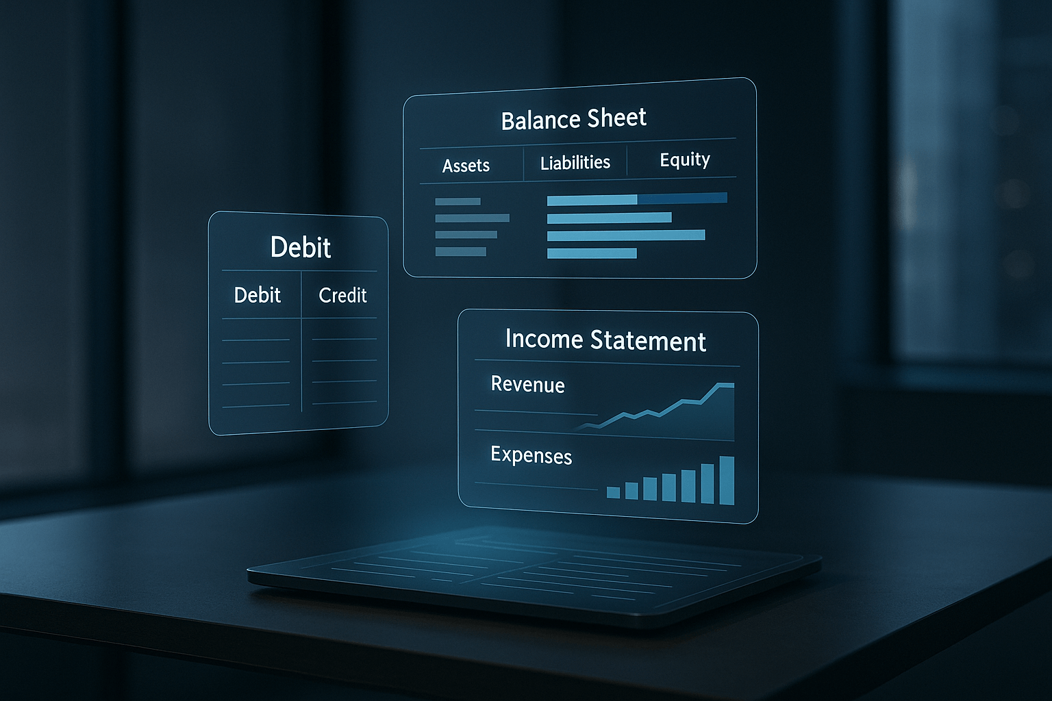 Modern digital accounting interface showing balance sheet and income statement data.
