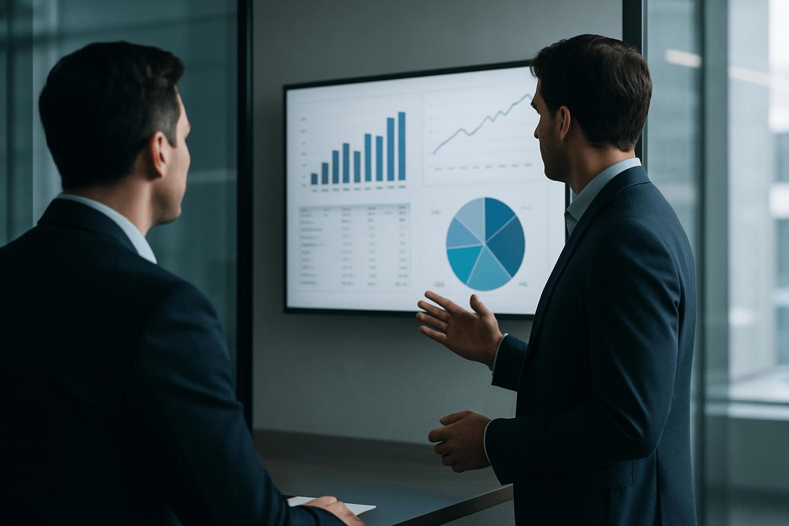 Fractional CFO discussing financial strategy with a startup founder in a modern office setting.
