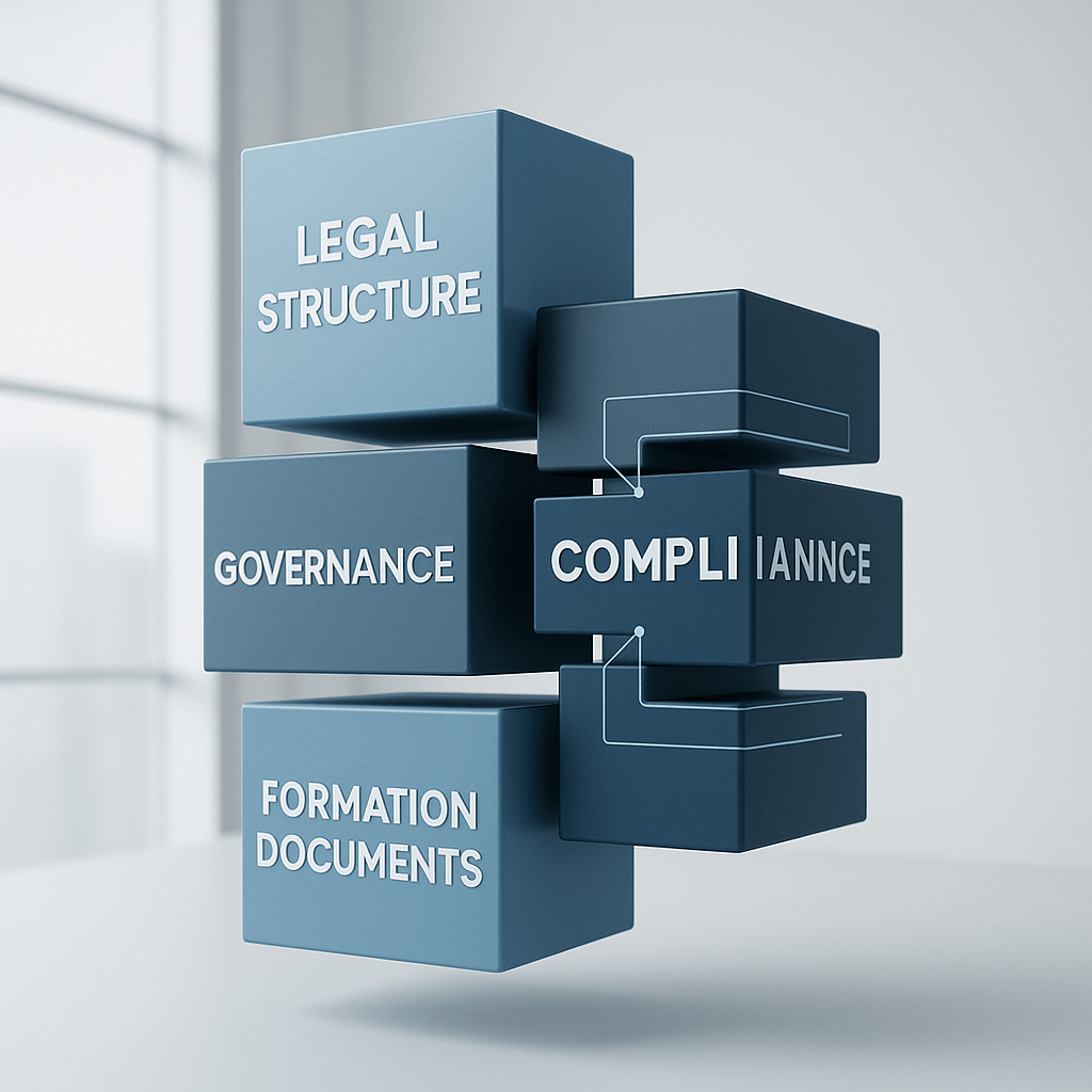 Illustration of legal structure, compliance, and governance components for business planning.